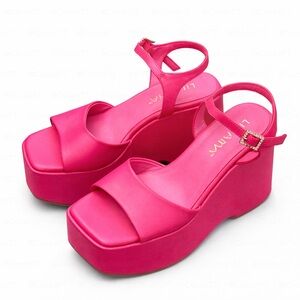 LILIANA Hot Pink Platform Wedge Sandals Square Toe Ankle Strap Women 7.5